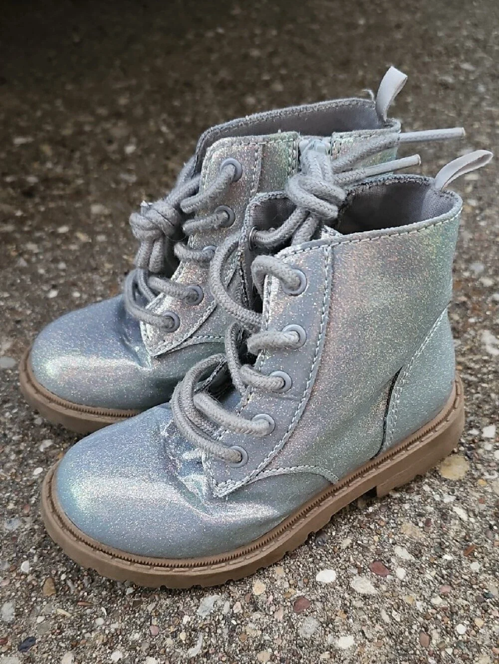 Old Navy Iridescent Silver Glitter Shimmer  Holographic Lace-Up Combat Boots 8